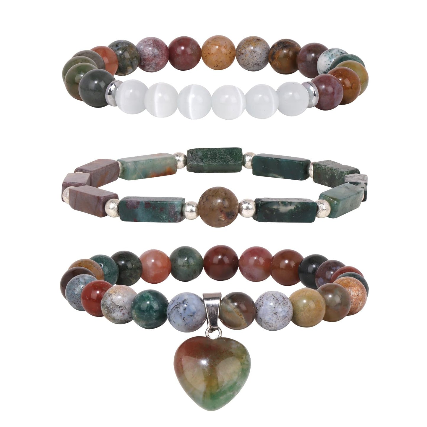 Vinswet Healing Crystal Beaded Bracelets for Women,Natural Amethyst Moonstone Gemstones Bracelet,Anxiety Stress Relief Heart Charm Bracelet Handmade purple Jewelry Gifts for Women (3pcs) (Indian agate&Moonstone)