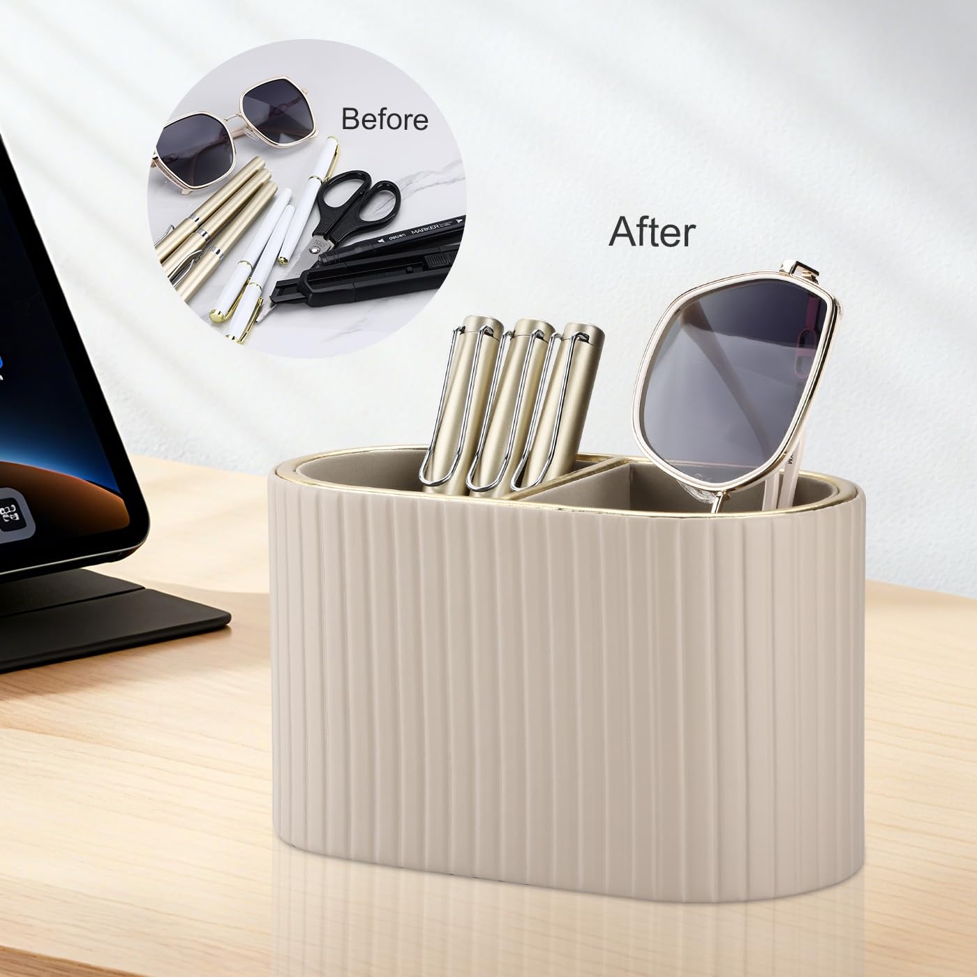 KINGFOM PU Leather Desk Organizer Pen Holder – Dual-Compartment Stylish Pencil Cup Remote Control Holder Desktop Supplies and Accessories Organizer Caddy for Office Home School (Mocha Beige)