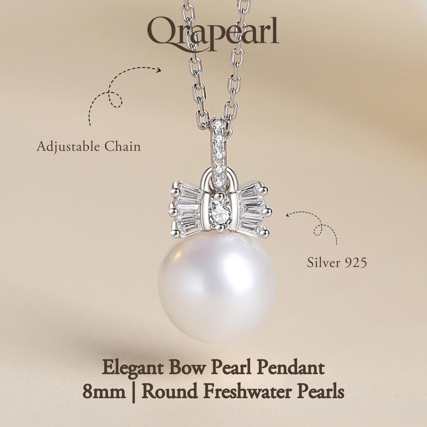 Orapearl Freshwater Pearl Pendant Necklace AAAA 8mm Elegant Jewelry Gift for Wife Mom Girlfriend Her Women with 925 Sterling Silver Chain June Birthstone for Anniversary Birthday Wedding