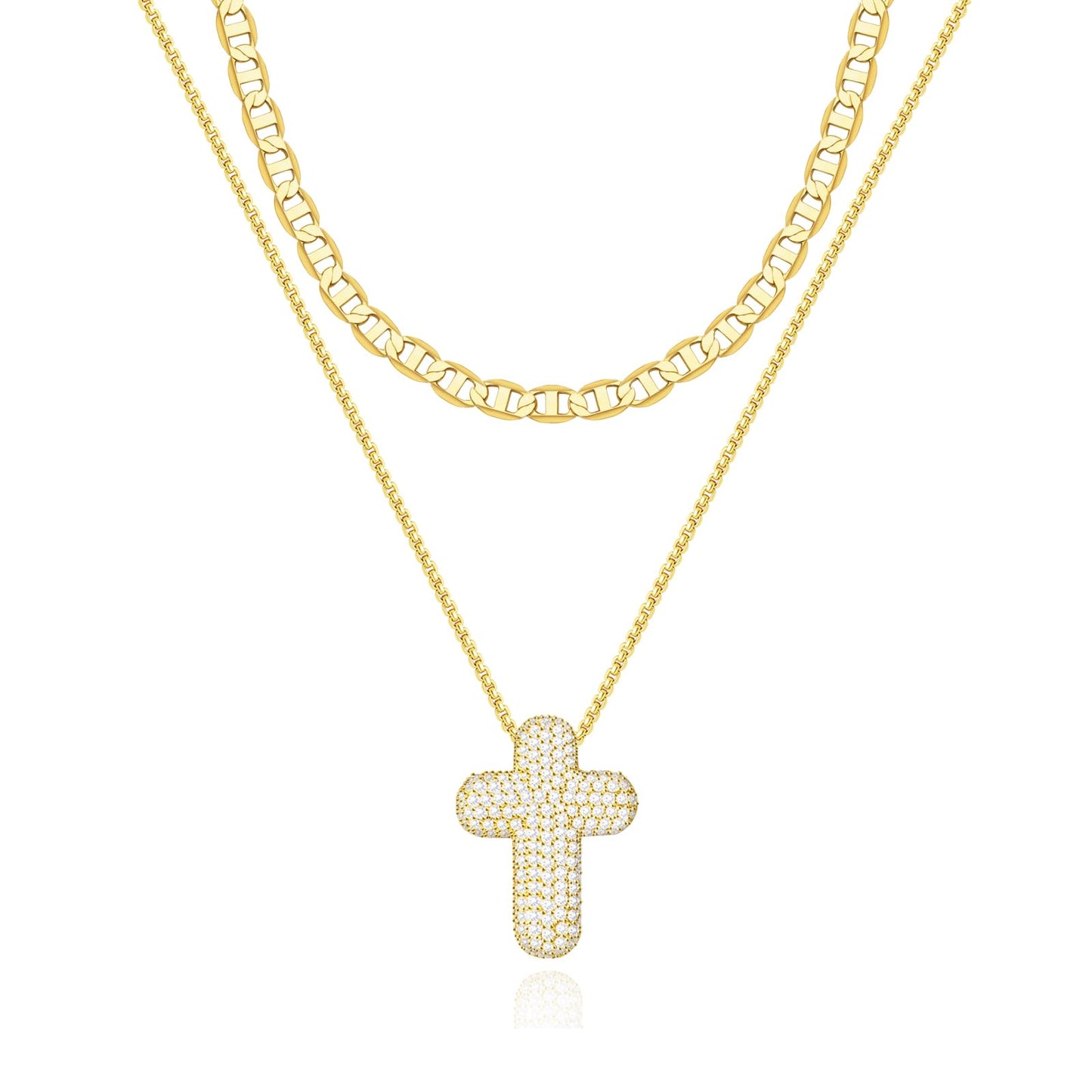 OGD Layered Gold Necklaces for Women 14k Gold Plated Cross Necklace for Women Stackable Stacked Stacking Dainty Gold Necklace Mariner Chain Necklace CZ Cross Pendant Necklaces Set Simple Jewelry Gift