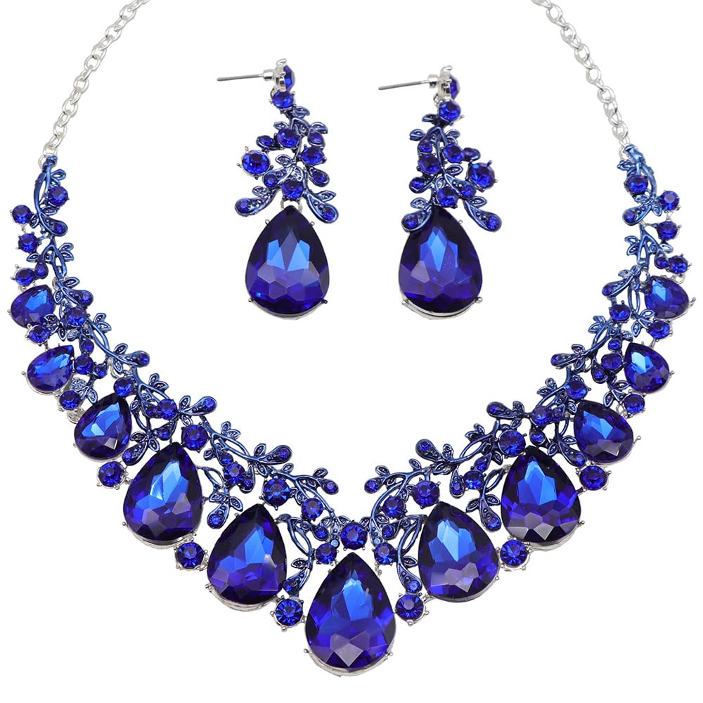 Qlavoca Vintage Crystal Teardrop Necklace Earrings Set - Gothic Statement Jewelry for Wedding Bridal Prom Party(Royal Blue Gold-Tone)