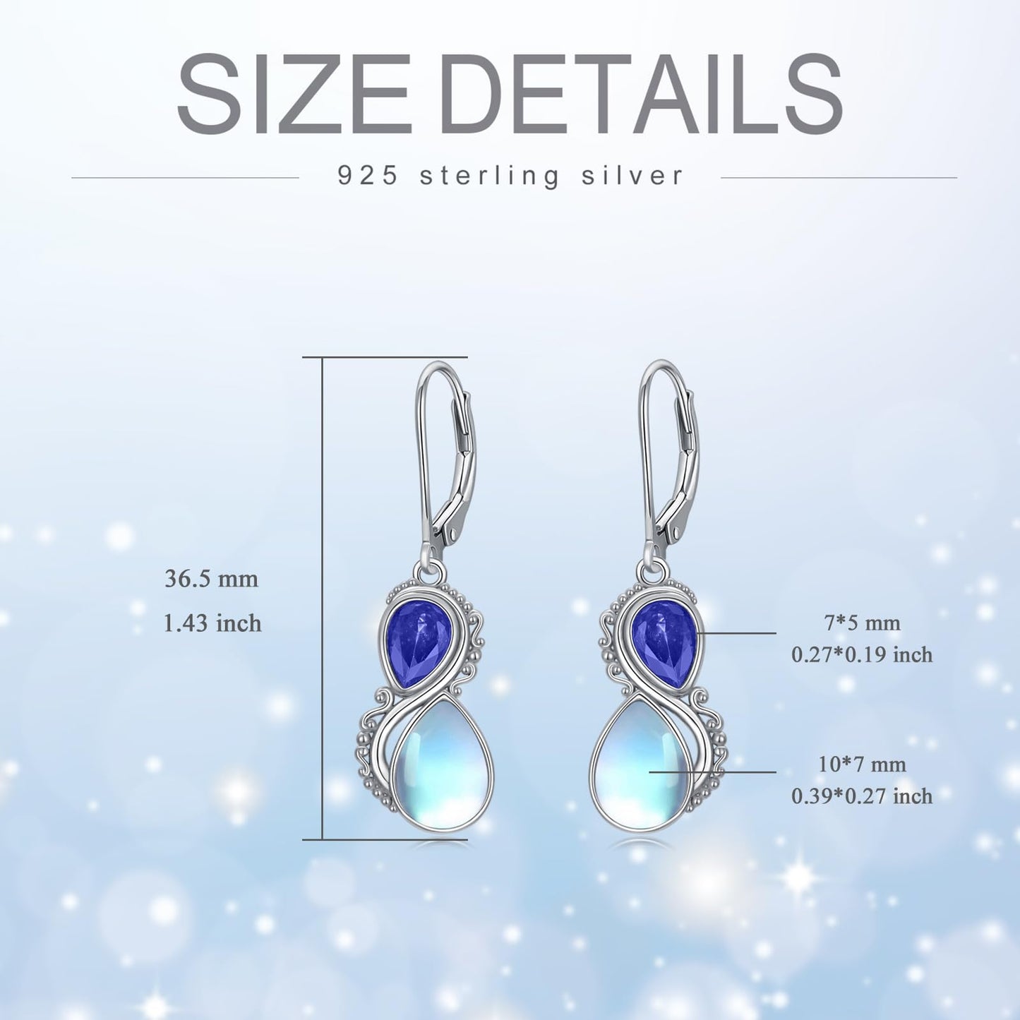 Moonstone Earrings 925 Sterling Silver Vintage Dangle Drop Leverback Earrings with Sapphire Blue September Birthstone Jewelry Gifts for Women