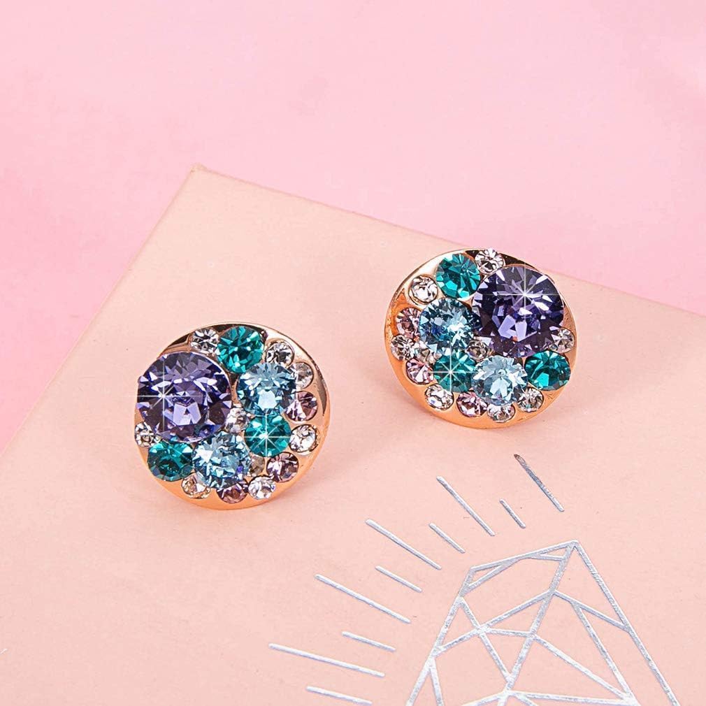 Multicolored Austrian Crystal Rhinestone Stud Earrings for Women Fashion S925 Sterling Silver Hypoallergenic Jewelry (Purple Main Crystal/Rose Gold-tone)