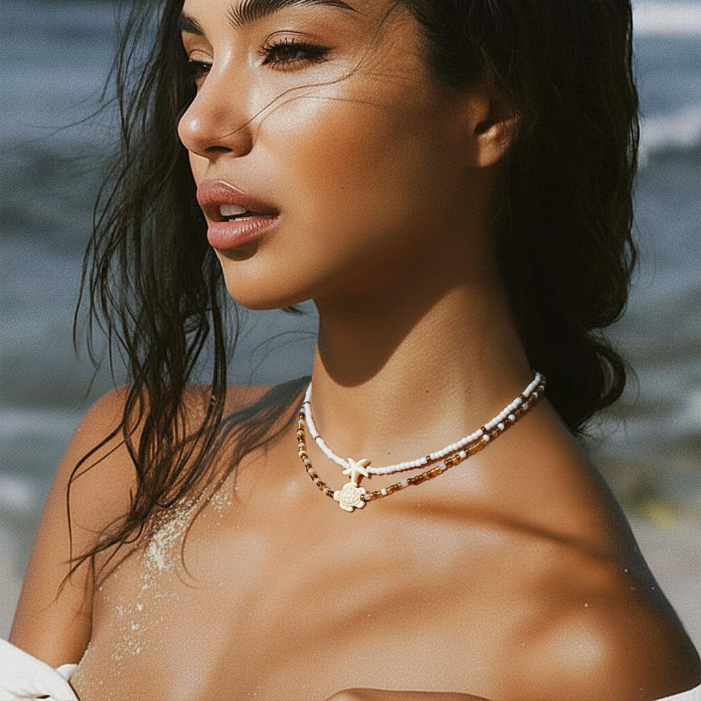 Lameybrt Cowrie Shell Surfer Necklaces, Hawaiian Beach Handmade Choker Set for Women, White Rice Bead with Black Accents, Bohemian Summer Seashell Choker 2 Piece Set, Perfect for Summer Beach Vacation, Birthday, Mother’s Day & Holiday Gifts (Shell 16 Turt