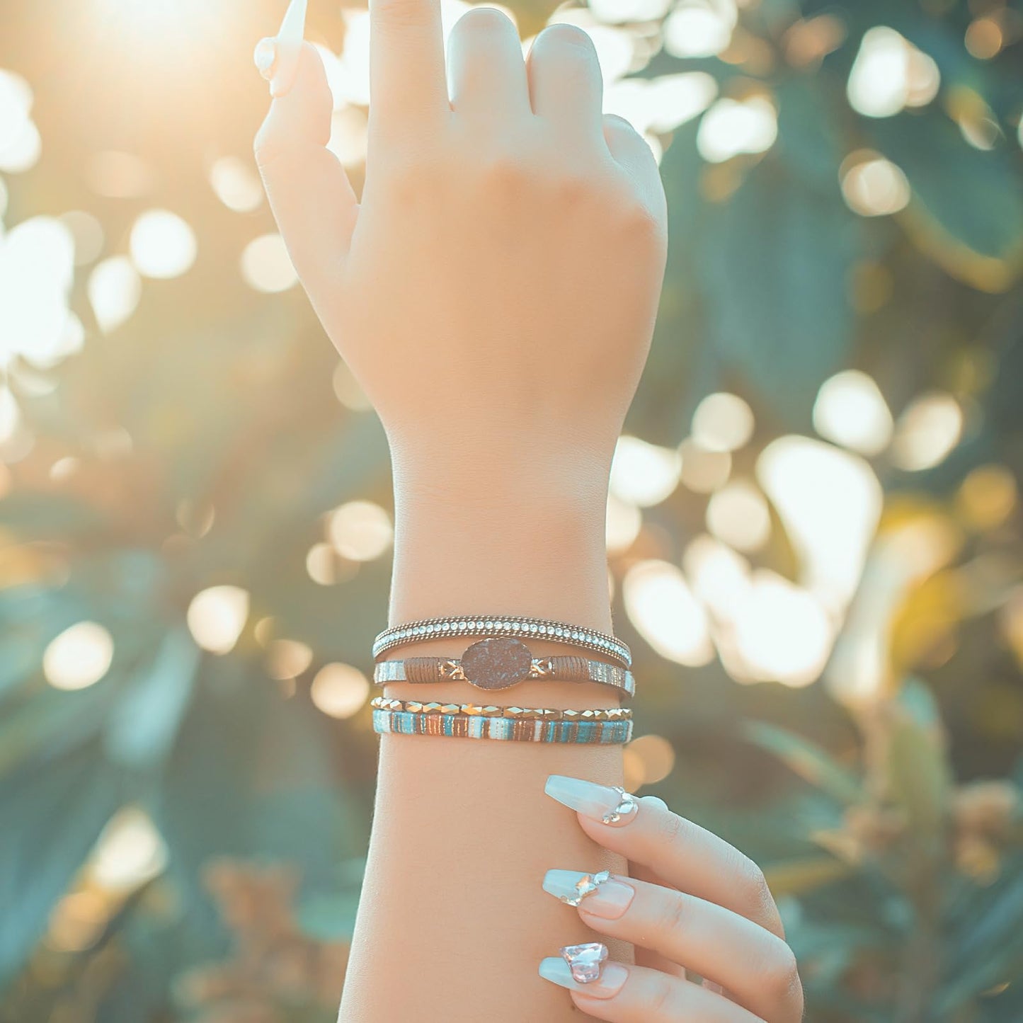 FANCY SHINY Boho Leather Wrap Bracelet Stackable Chunky Crystal Cuff Bracelets with Magnetic Clasp Cowboy Cowgirl Western Summer Beach Outfits Jewelry Gifts for Women (7.7", Boho Brown)