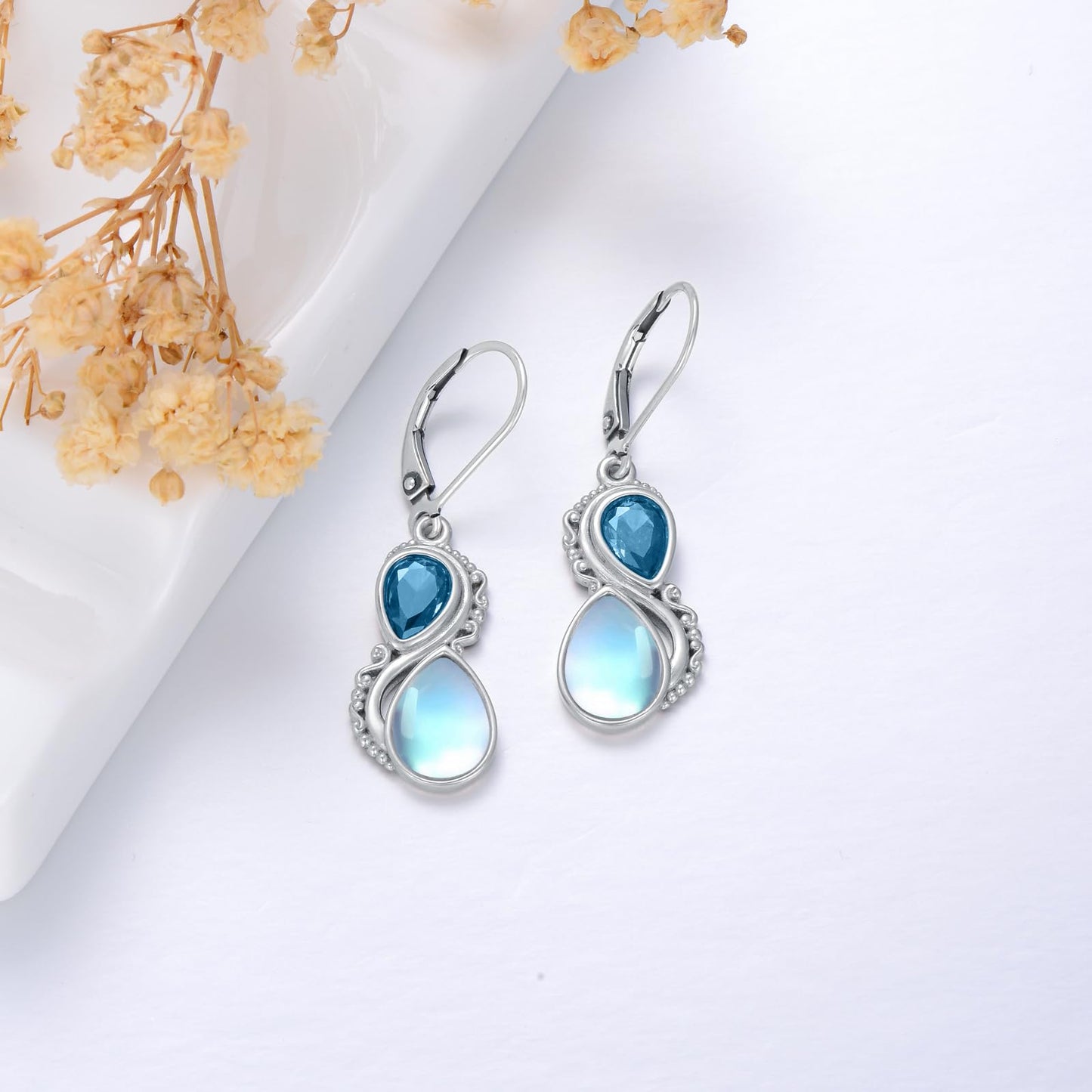 Moonstone Earrings 925 Sterling Silver Vintage Dangle Drop Leverback Earrings with Blue March Birthstone Jewelry Gifts for Women