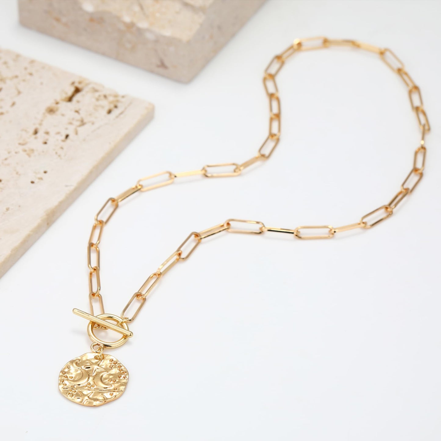 BONJOULRY Star Moon Coin Charm Toggle Necklace for Women 14K Gold Plated Vintage Retro Chunky Paperclip Link Chain Celestial Pendant Choker Necklaces Trendy Jewelry Holiday Gift