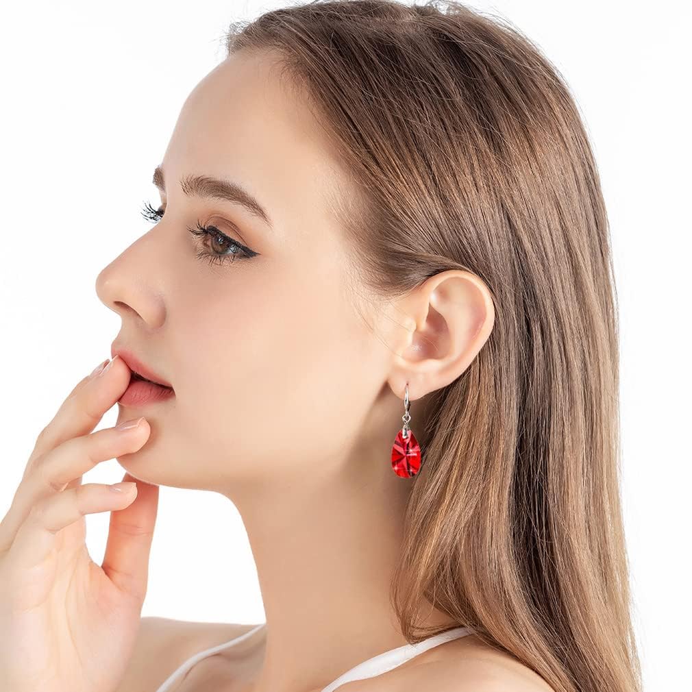 Austrian Crystal Teardrop Dangle Hook Earrings for Women 14K Gold Plated Hypoallergenic Jewelry (Red)