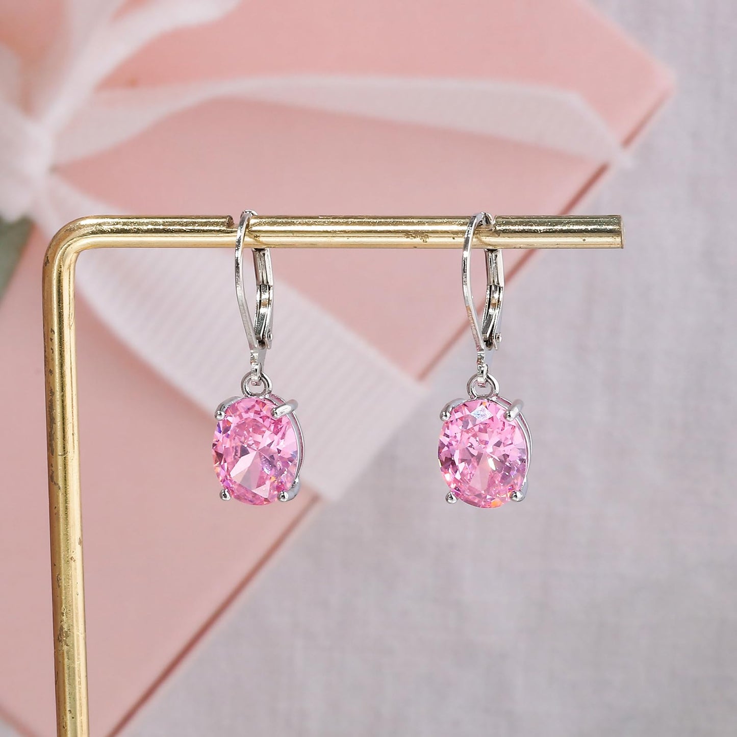 CiNily Cut-Oval Leverback Dangle Earrings for Women Pink Cubic Zircon 14k White Gold Plated Hypoallergenic Hanging Lever Earrings Lightweight Summer Drop Earrings