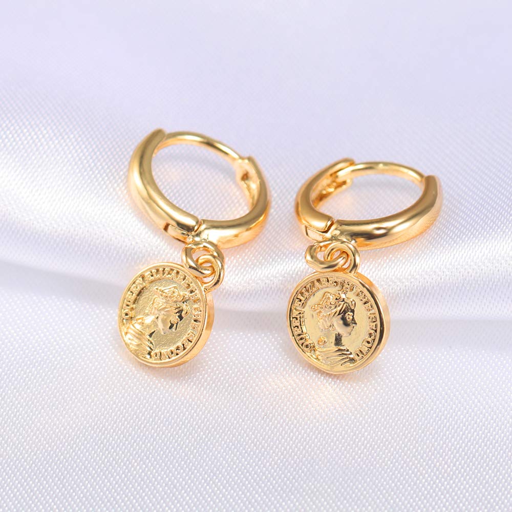 Small Hoop Coin Dangle Drop Hoop Earrings With Small Charm for Women Fashion 18K Yellow Gold Plated Vintage Elegant Dangling Jewelry