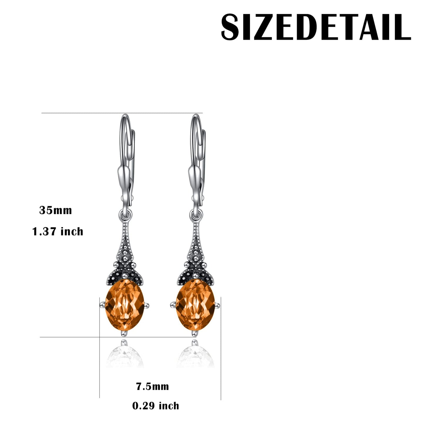 Orange Yellow Earrings for Women 925 Sterling Silver Vintage Dangle Drop Leverback Earrings with Oval Simulated Topaz November Birthstone Crystal