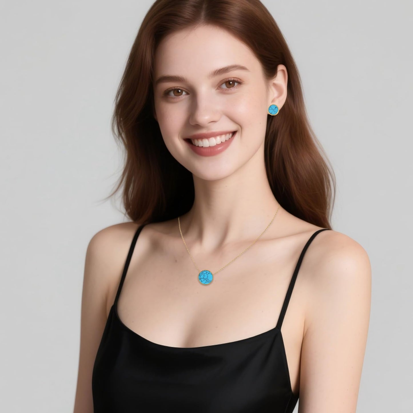 TaYolnFaSo Round Turquoise Jewelry Set for Women 18K Gold Plated Turquoise Necklace Studs Earrings Set Dainty Jewelry Gift