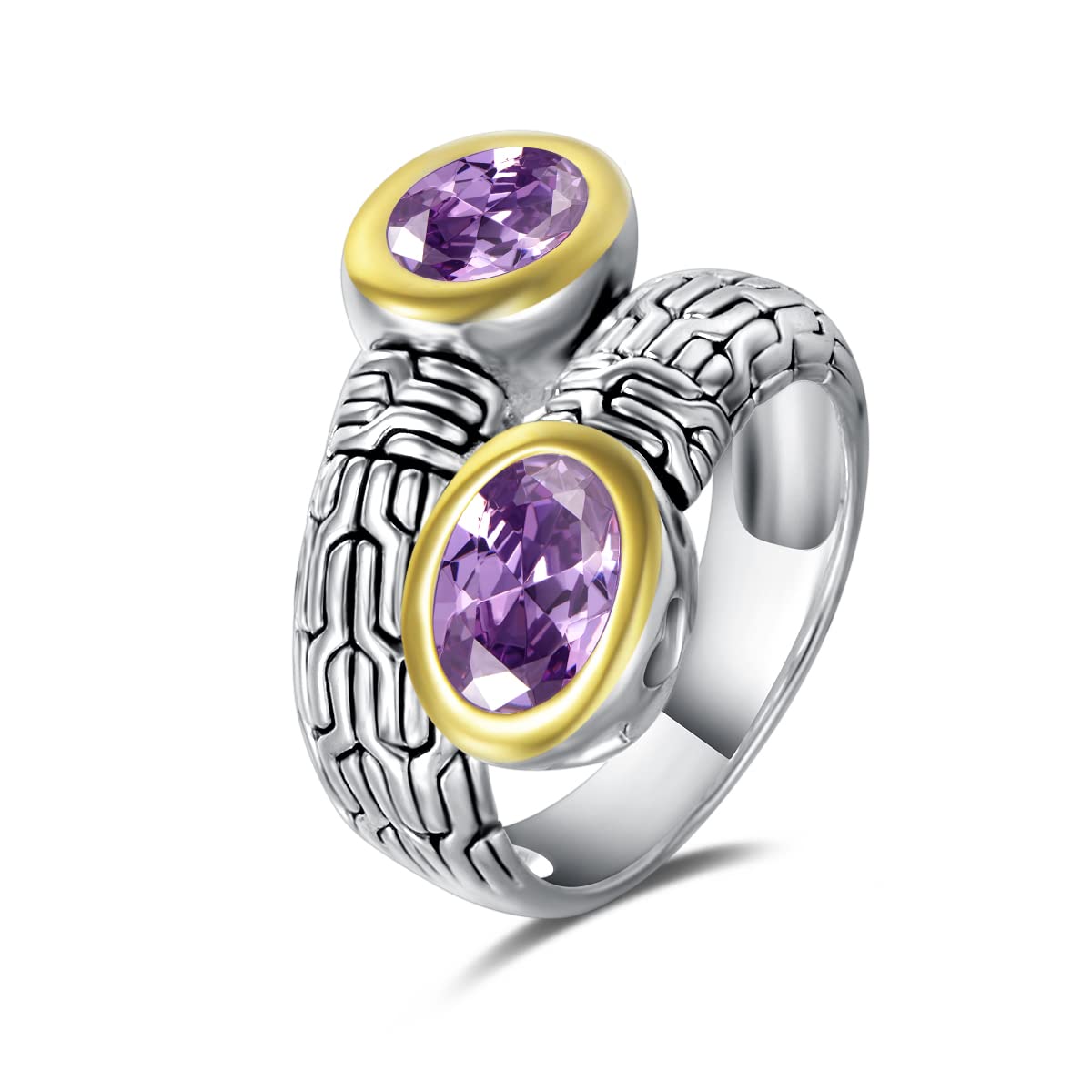 UNY JEWEL Jewelry Ring Multi Strand Foxtail Chain Woven Pattern Inlay 6 by 8 Oval CZ Vintage Antique Two Tone Elegant Designer Inspired Ring (Size 6 PURPLE)