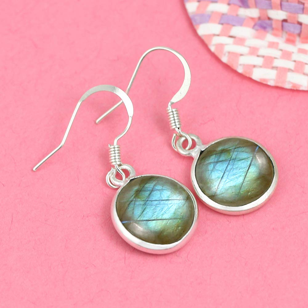 Natural Labradorite 925 Silver Plated Dangle Earrings for Women - Round Shape Blue Green Fire Gemstone Birthstone Handmade Jewelry Earrings - Christmas Wedding Gift for Her
