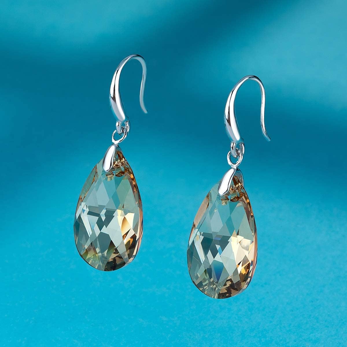 Austrian Crystal Teardrop Dangle Hook Earrings for Women 14K Gold Plated Hypoallergenic Jewelry (Light Topaz)