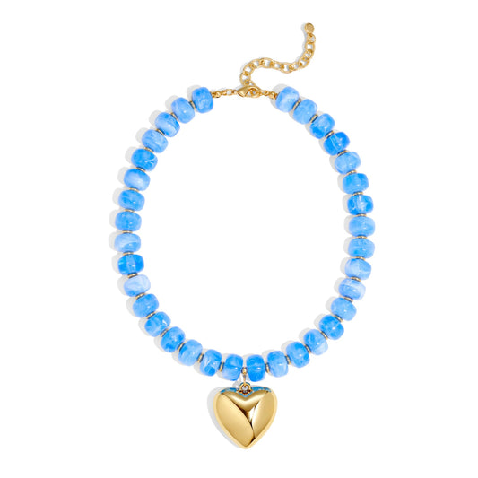 ENSKEFEN Chunky Gold Heart Pendant Necklaces for Women Bohemian Light Blue Resin Beaded Choker Necklace Trendy Chunky Statement Necklace Summer Beach Jewelry