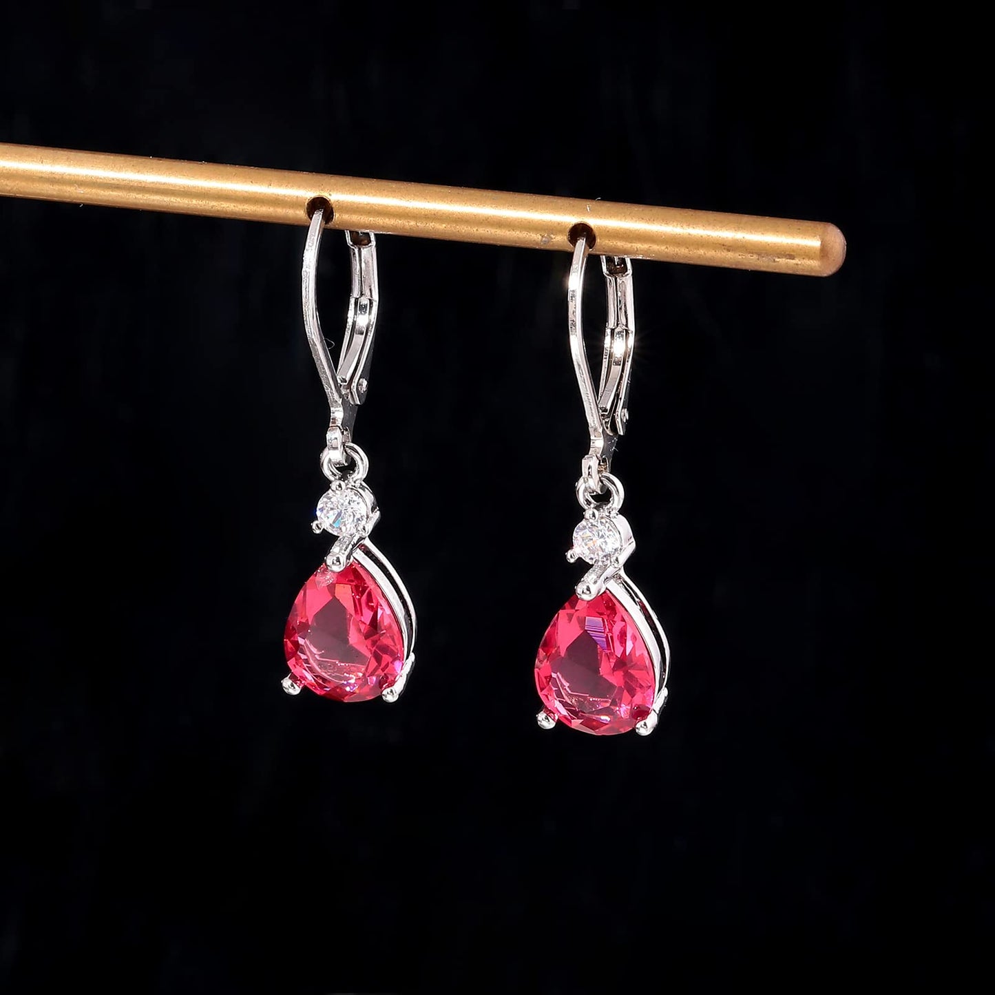 CiNily Leverback Dangle Earrings for Women 14K White Gold Plated Drop Earrings Red Cubic Zircon Fashion Teardrop Hoop Earrings Hypoallergenic Jewelry for Sensitive Ear