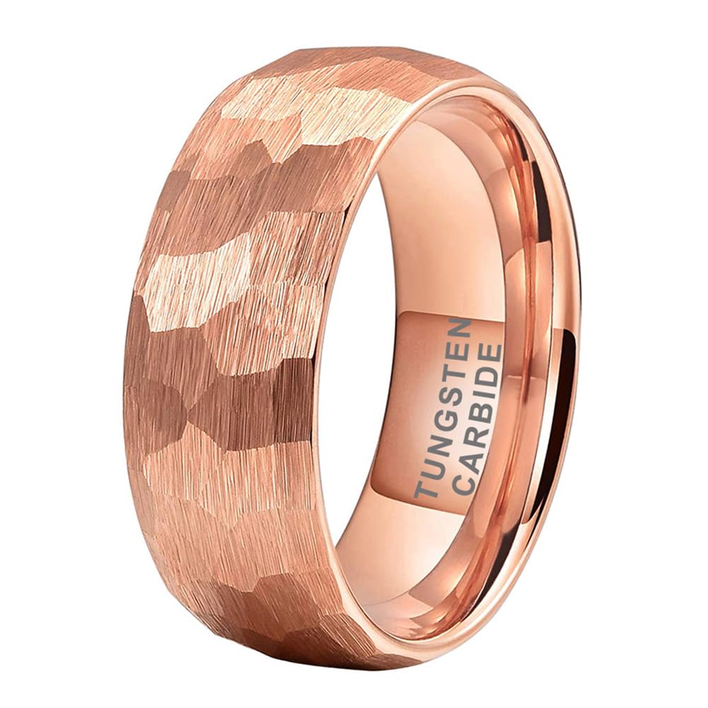 TUTISS 8mm Rose Gold Hammered Tungsten Rings for Men Women Engagement Wedding Bands Domed Matte Finish Comfort Fit Size 6