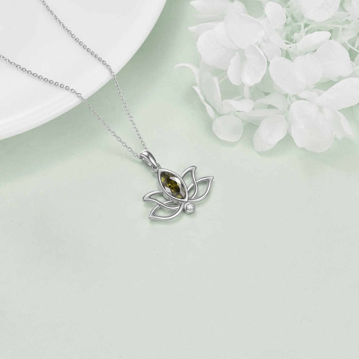 YFN Lotus Necklace Sterling Silver August Birthstone Pendant Genuine Green Peridot Jewelry Gifts for Women (Aug)