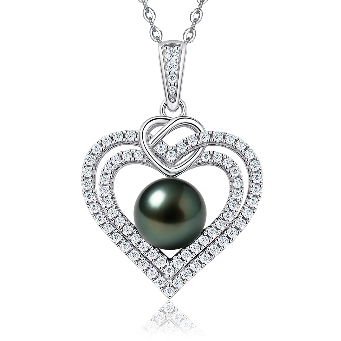 Genuine Tahitian Black Pearl Necklace - Christmas Gift for Wife Mom Daughter, Jewelry Gifts for Anniversary Wedding Birthday, 9-10mm Seawater Pearl with Sterling Silver Moissanite Heart Pendant