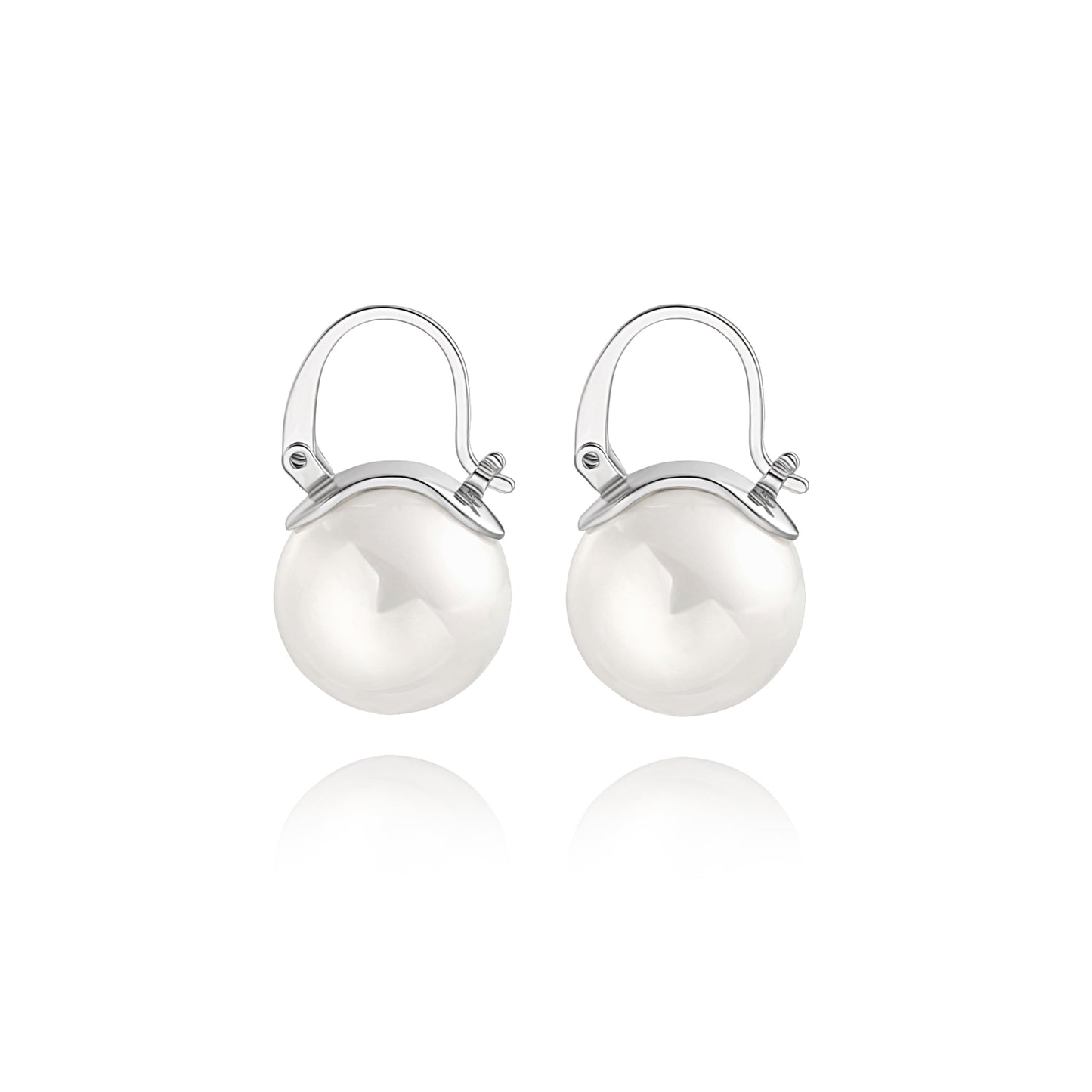 14mm Big Pearl Drop Earrings, Simple Silver Huggie Hoop Earrings, Dainty Wedding Jewelry for Bridal