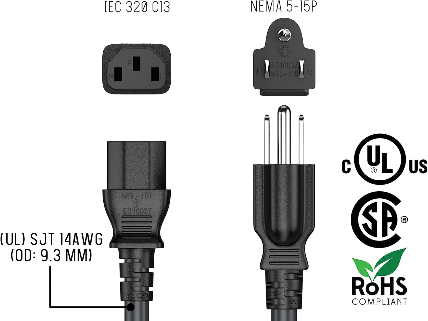 Cable Leader 15ft 14AWG 5-15P C13 3-Prong Computer Power Cord, NEMA to IEC AC Power Cable, Heavy Duty Replacement Power