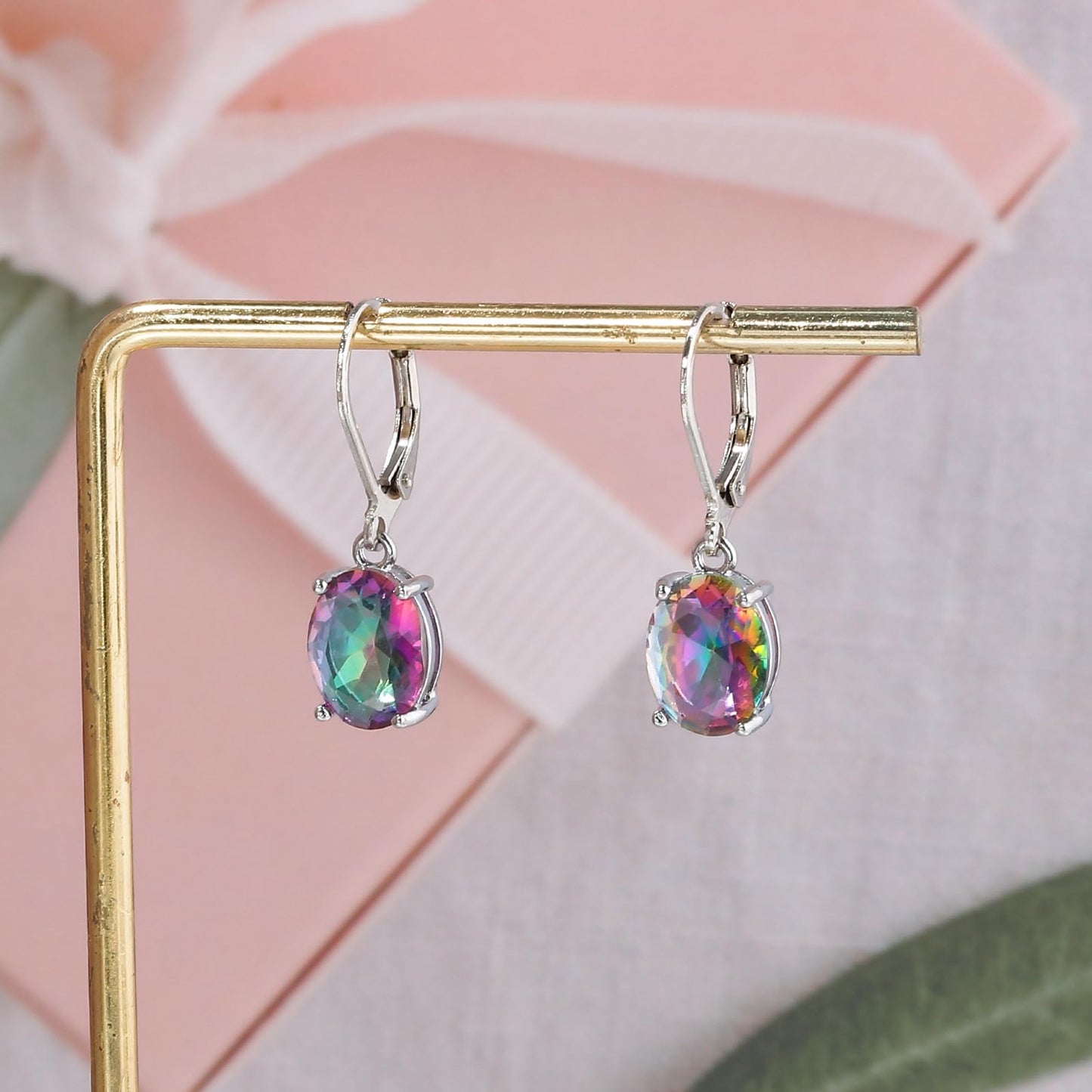 CiNily Cut-Oval Leverback Dangle Earrings for Women Rainbow Cubic Zircon 14k White Gold Plated Hypoallergenic Hanging Earrings Lightweight Summer Drop Earrings