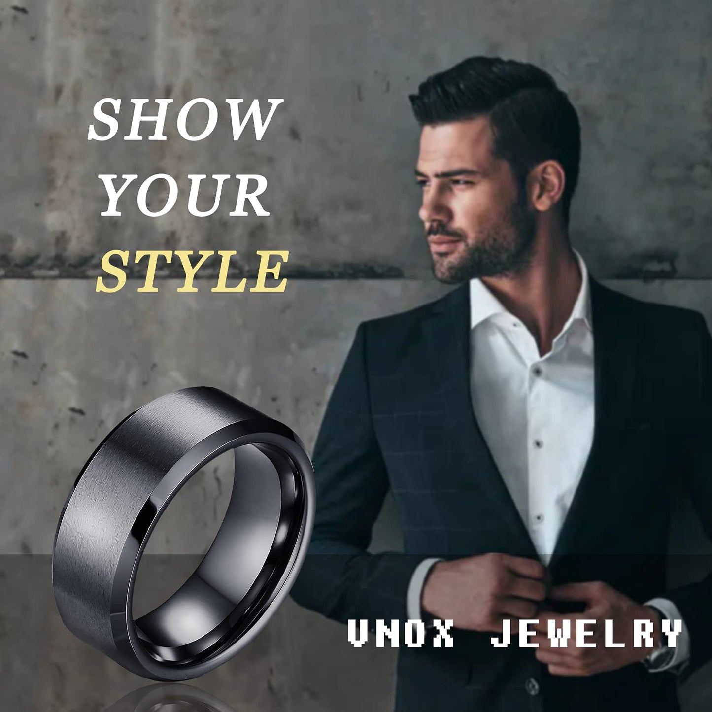 VNOX Mens 8mm Brushed Matte Tungsten Carbide Classical Simple Plain Personalized Custom Name Date Wedding Band Wedding Engagement Ring,Black,Size 10