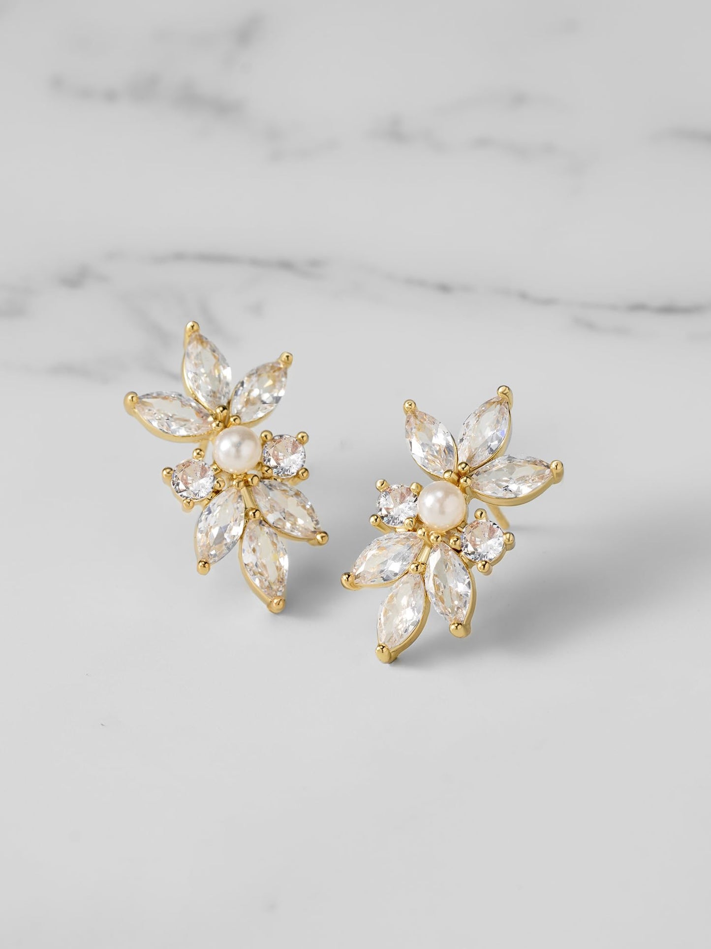 SWEETV Marquise Cubic Zirconia Wedding Bridal Stud Earrings for Brides Bridesmaids, Crystal Pearl Rhinestone Stud Earrings for Women Prom Party Jewelry Gifts (Gold)