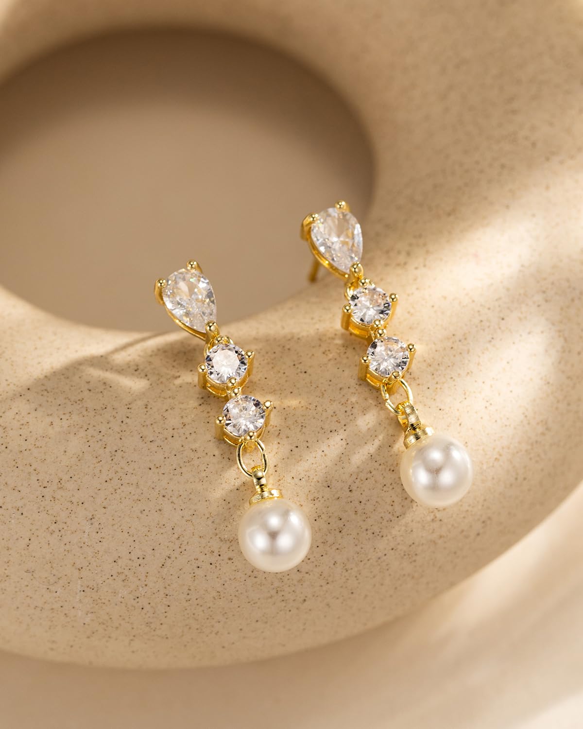 PRTGL Pearl Earrings - 14 Gold Plated Round and Teardrop Cut Cubic Zirconia Pearl Drop Dangle Earrings for Women Wedding Bridal