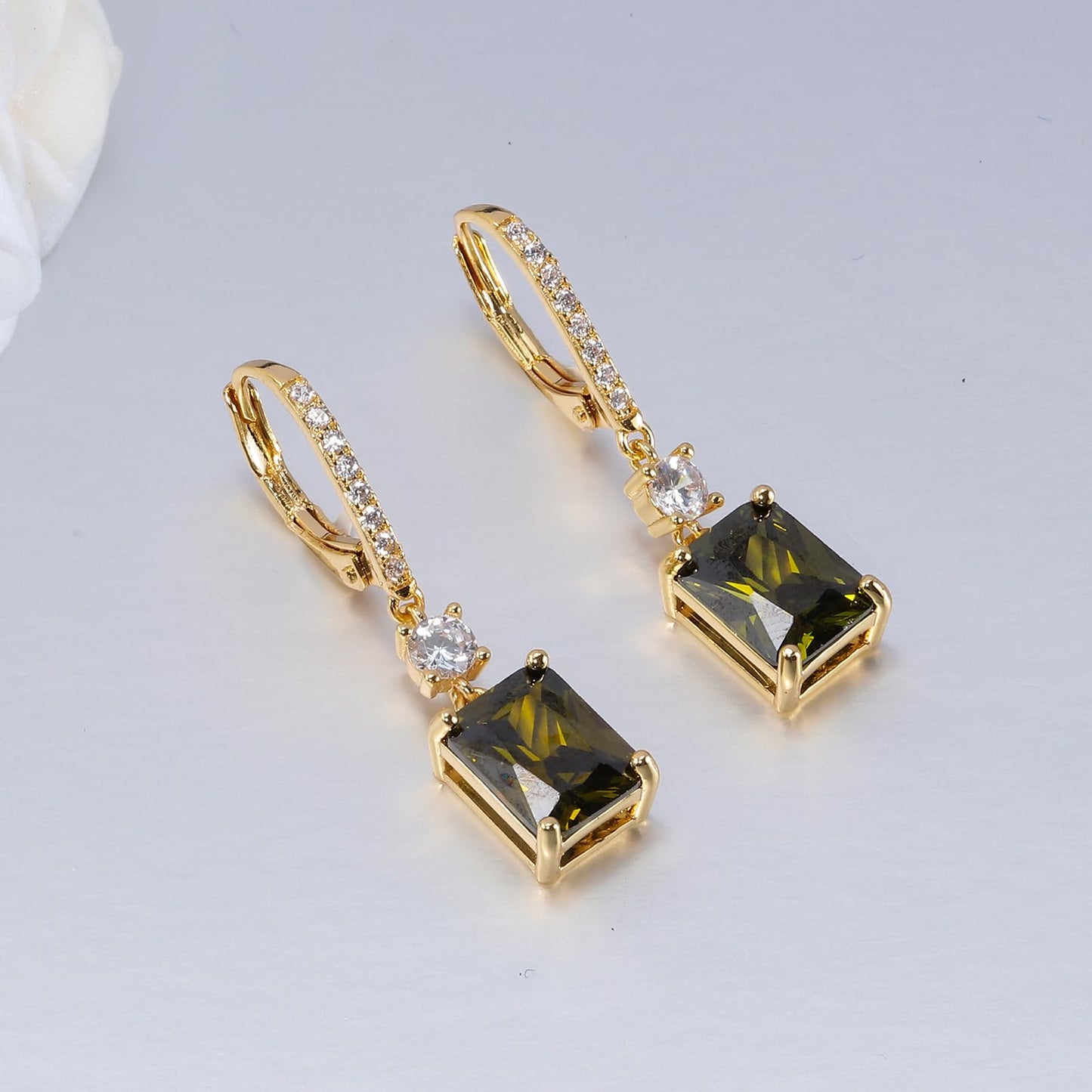 CiNily Leverback Earrings for Women Rectangular-cut Drop Dangle Earring Hypoallergenic, 14K Gold Plated Olive Green Cubic Zircon Earrings Diamond Dangle Ear Rings Jewelry Birthday