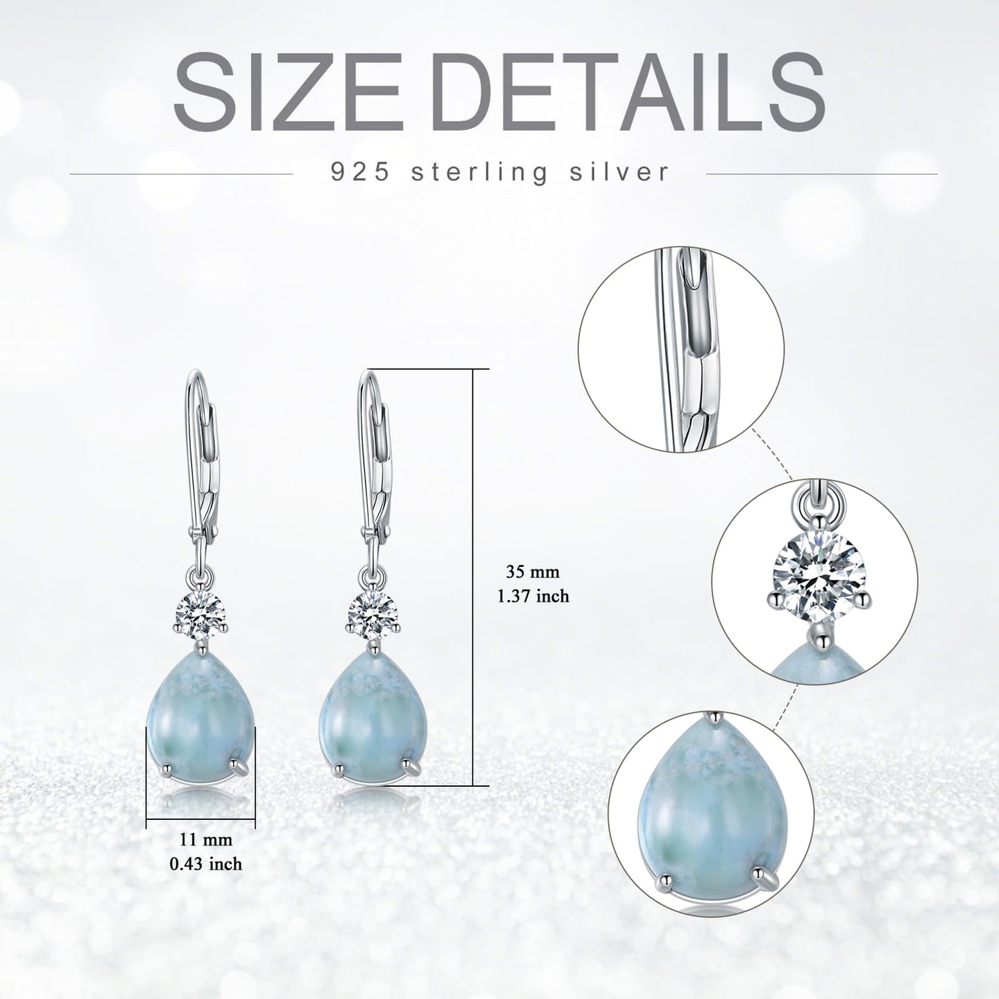 Larimar Earrings 925 Sterling Silver Teardrop Leverback Earrings Blue Stone Dangle Dangling Earrings Larimar Jewelry Gift for Women