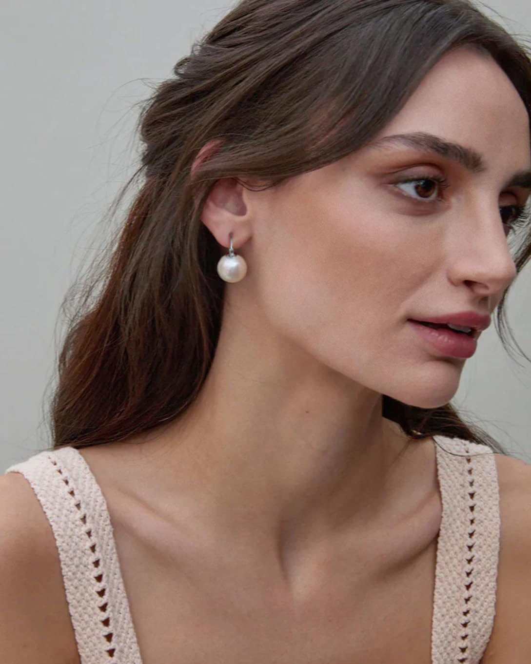 14mm Big Pearl Drop Earrings, Simple Silver Huggie Hoop Earrings, Dainty Wedding Jewelry for Bridal
