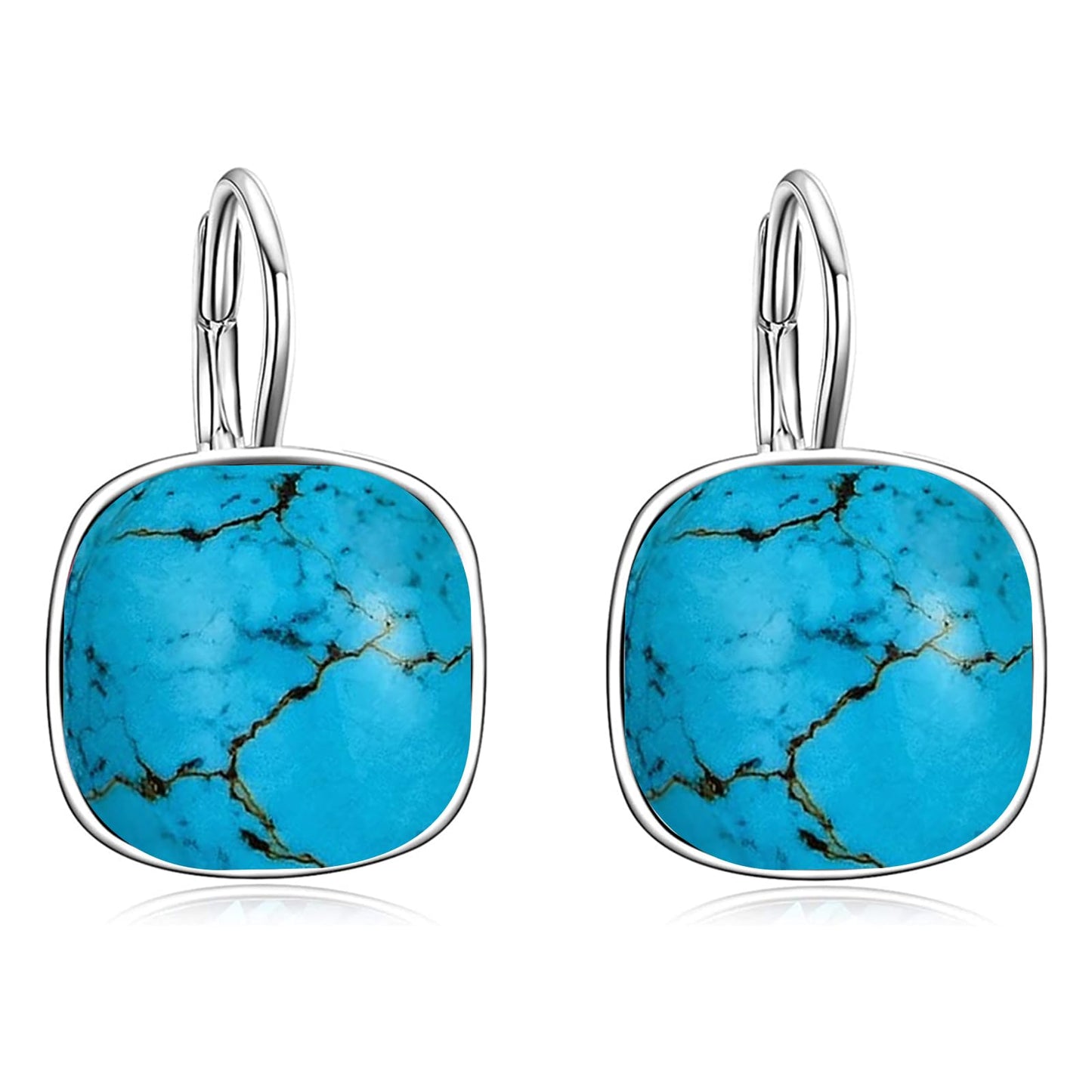 AOBOCO Sterling Silver Leverback Earrings Embellished with Crystals from Austria, Hypoallergenic Cushion Cut Square Crystal Earrings, Fine Anniversary Birthday Jewelry Gifts for Women (Blue turquoise)
