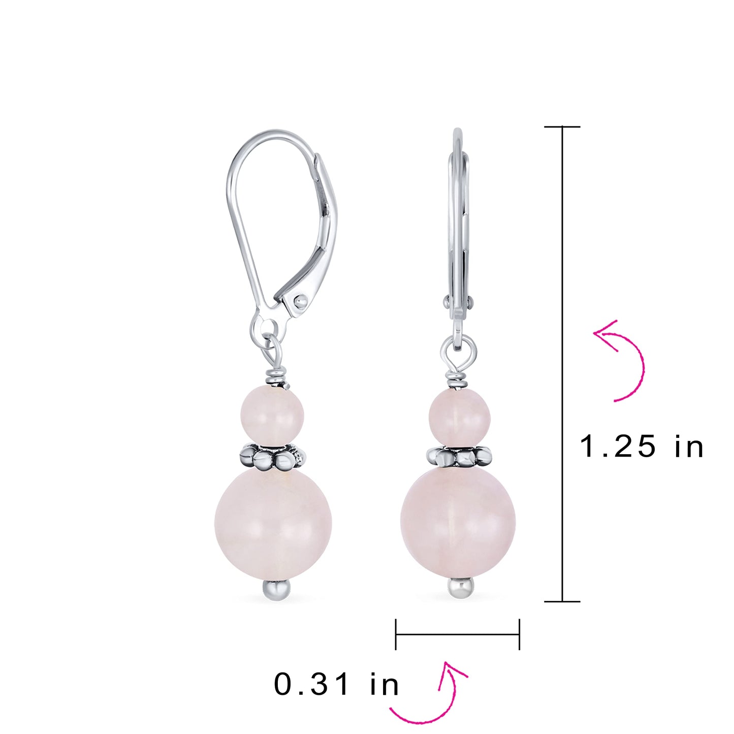 Bling Jewelry Bali Style .925 Sterling Silver Pink Rose Quartz Bead 3MM & 8mm Balls Drop Earrings Milgrain Rondel Separator Lever Back Genuine Gemstone