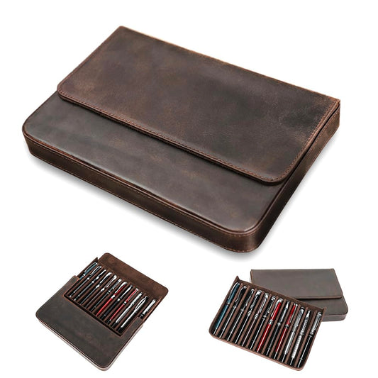 MIVLXLX 12Slots Fountain Pen Collector Organizer - Handmade Pen Case Vintage Crazy Horse Print Leather Pen Protective Sleeve Cover Pen Storage Gift Box(Coffee)