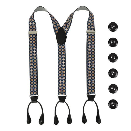 LEHOMU Men Button Suspenders Adjustable,1.4 Inch Wide Heavy Duty Y-Back Elastic Tuxedo Elastic Mens Suspenders with Leather Buttons End,Dark Blue and Golden Circle Pattern
