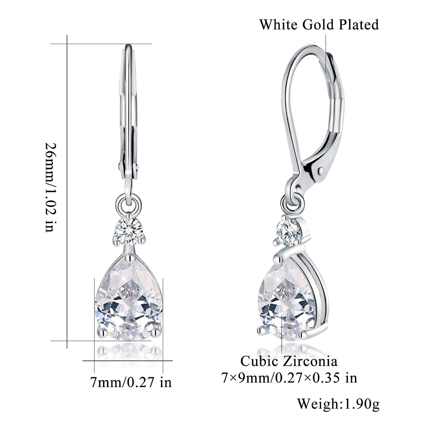 CiNily Leverback Dangle Earrings for Women 14K White Gold Plated Drop Earrings White Cubic Zircon Fashion Teardrop Hoop Earrings Hypoallergenic Jewelry for Sensitive Ear