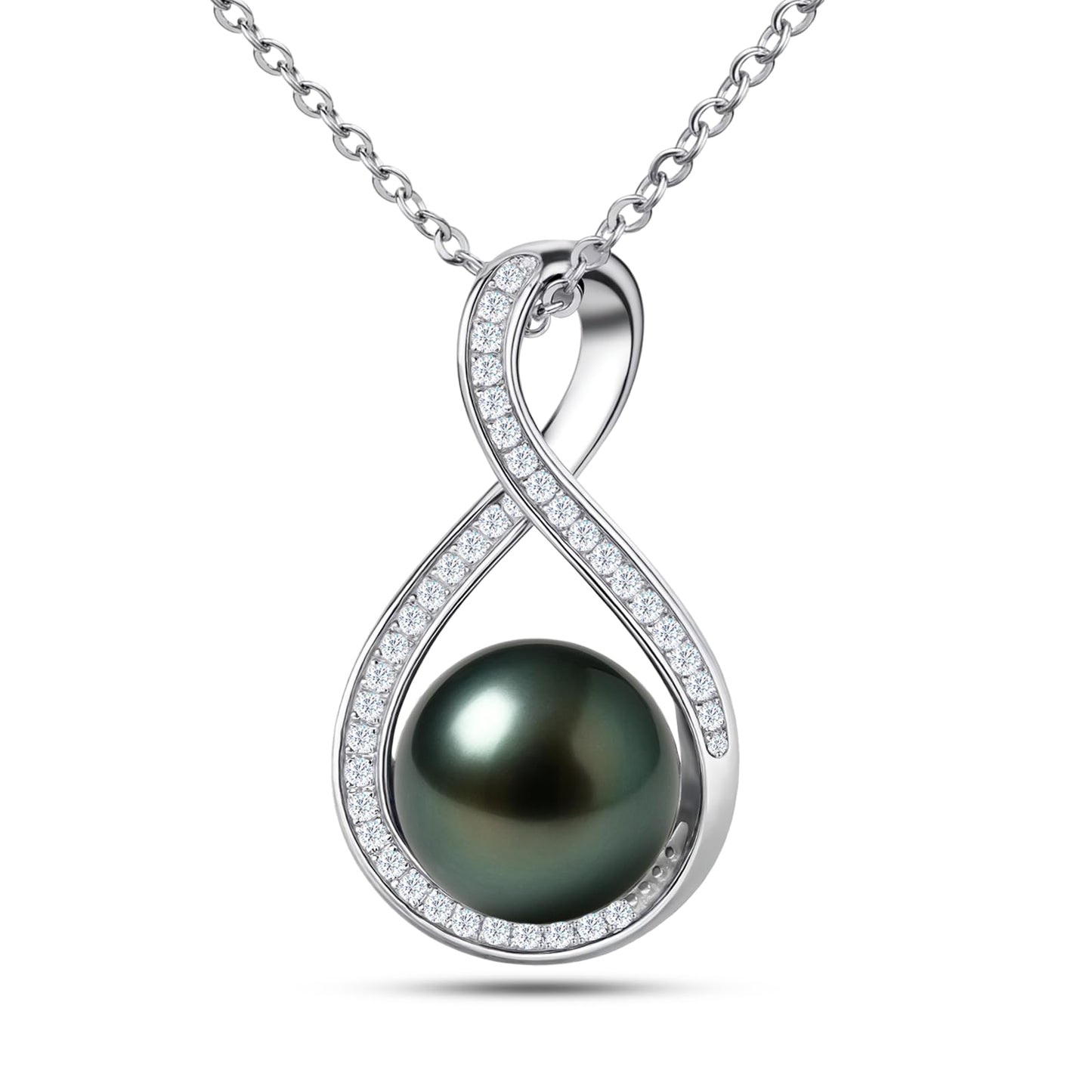 Genuine Tahitian Black Pearl Necklace - Christmas Gift for Wife Mom Daughter, Jewelry Gifts for Anniversary Wedding Birthday, 10-11mm Seawater Pearl with Sterling Silver Infinity Moissanite Pendant