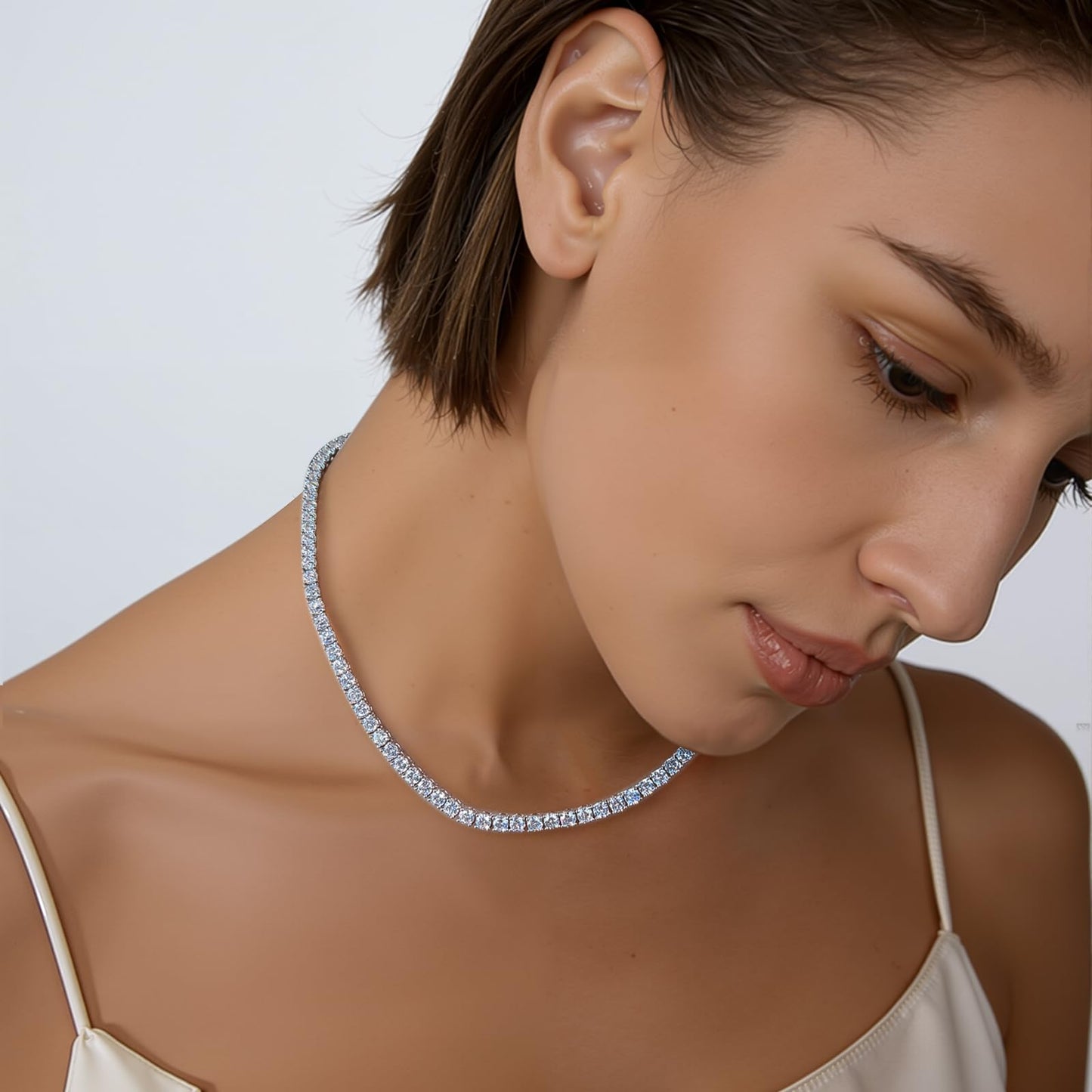 Gemsme 4.0mm CZ Tennis Necklace, 18K White Gold Plated 4.0mm Round Cubic Zirconia Classic Tennis Necklace 16 Inch