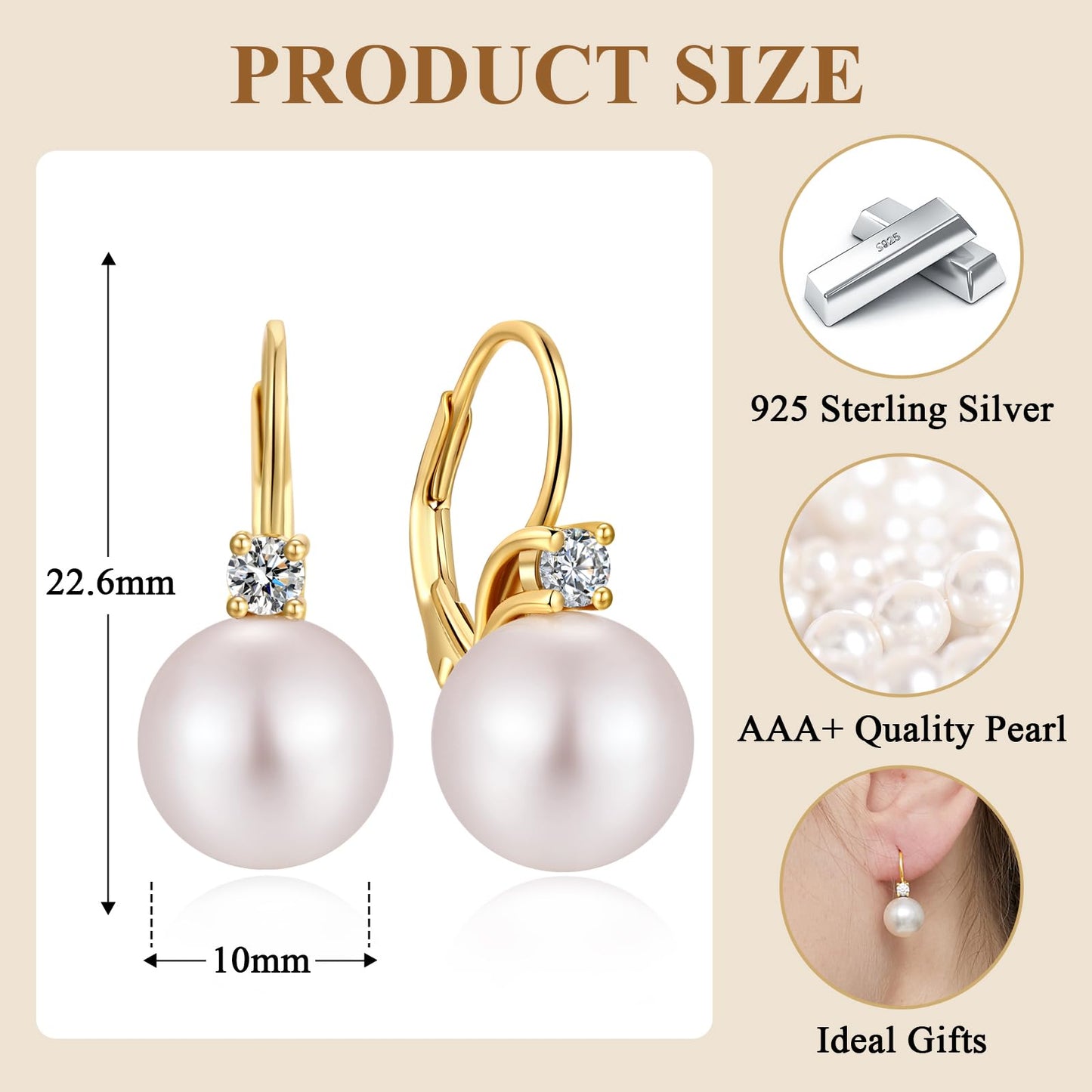 Jiahanzb Pearl Earrings Dangle for Women 925 Sterling Silver Cubic Zirconia Leverback Earring