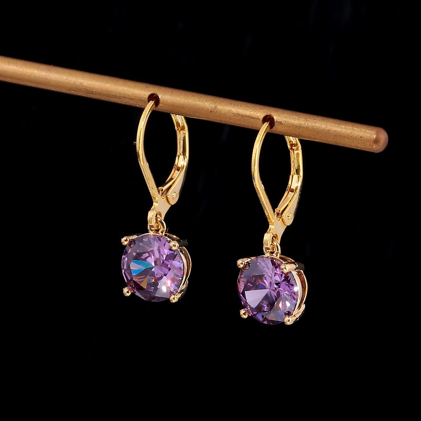 CiNily Leverback Dangle Earrings for Women Purple Cubic Zircon Pendant Earrings 14K Gold Plated Hypoallergenic Crystal Drop Earrings for Sensitive Ears Jewelry