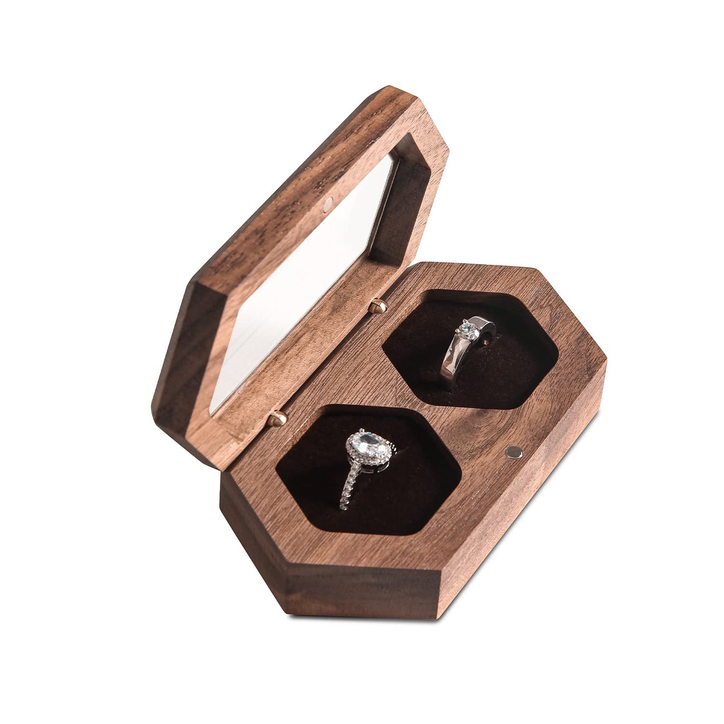 Wislist Double Ring Box for Wedding Ceremony,Walnut Wooden Rustic Ring case for Wedding and Engagement