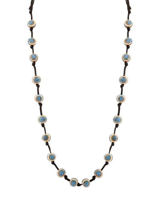 MINACHI Hippie Boho Blue Ceramic Bead Long Strand Necklace, Black Waxed Cord, Bohemian Beach Summer Jewelry Gift for Women