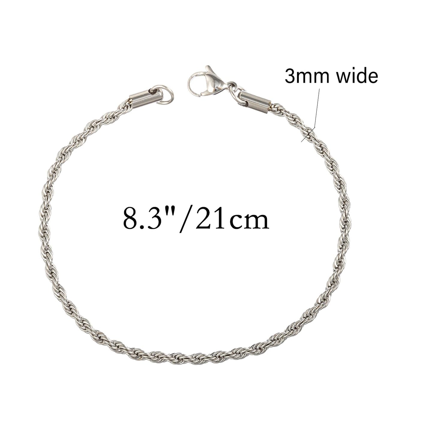 yipima Stainless Steel Rope Link Chain Bracelet for Women Men, Silver Tone / 14K gold Plated 3/4/5/6mm wide Rope Chain Bracelets, 7.5" or 8.3" (stainless steel-3mm, 8.3)