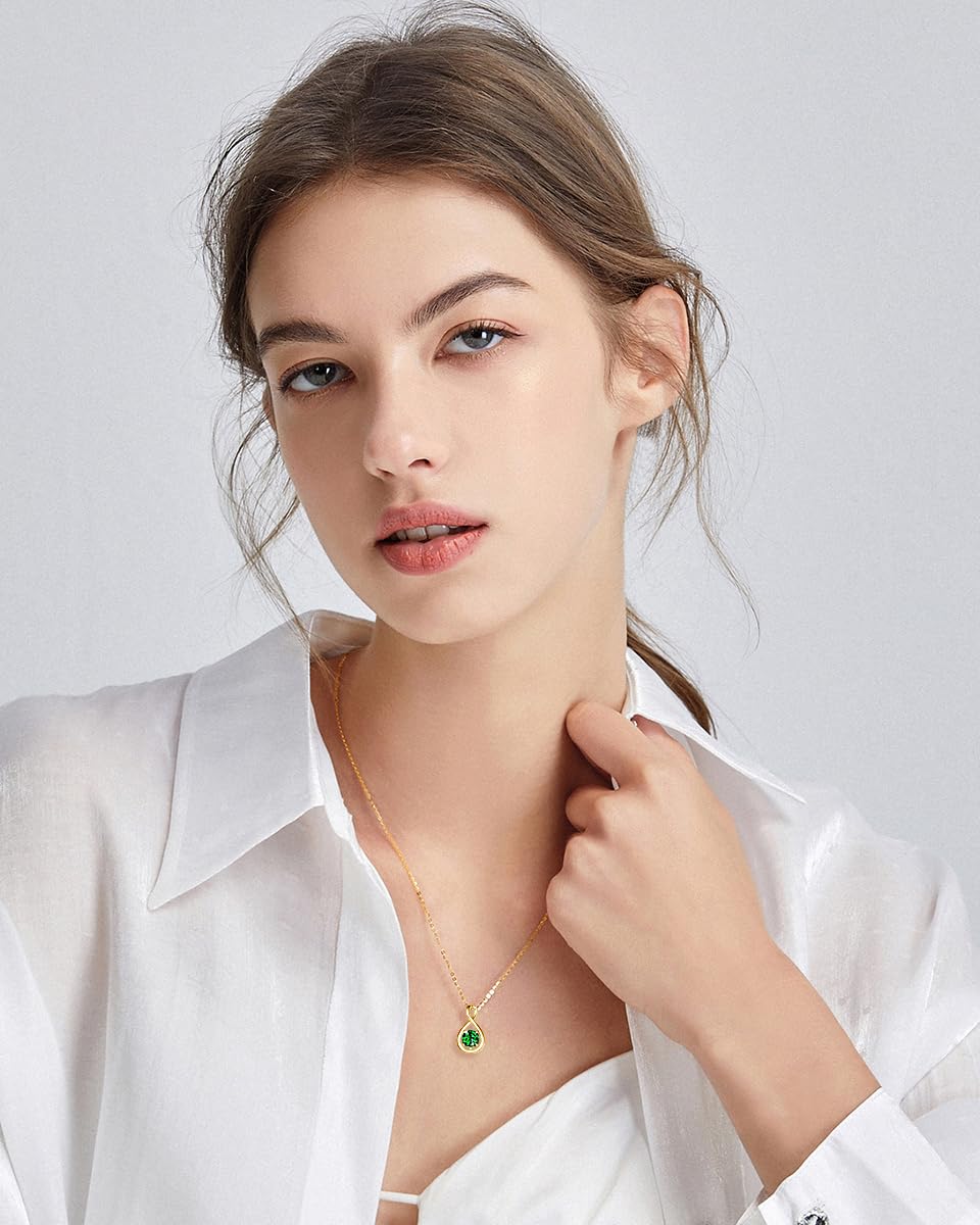 FANCIME Emerald Necklace Yellow Gold Plated 925 Sterling Silver Infinity Pendant May Birthstone Necklace for Women Green Gemstone Fine Jewelry Birthday Mothers Day Gifts for Mom Her