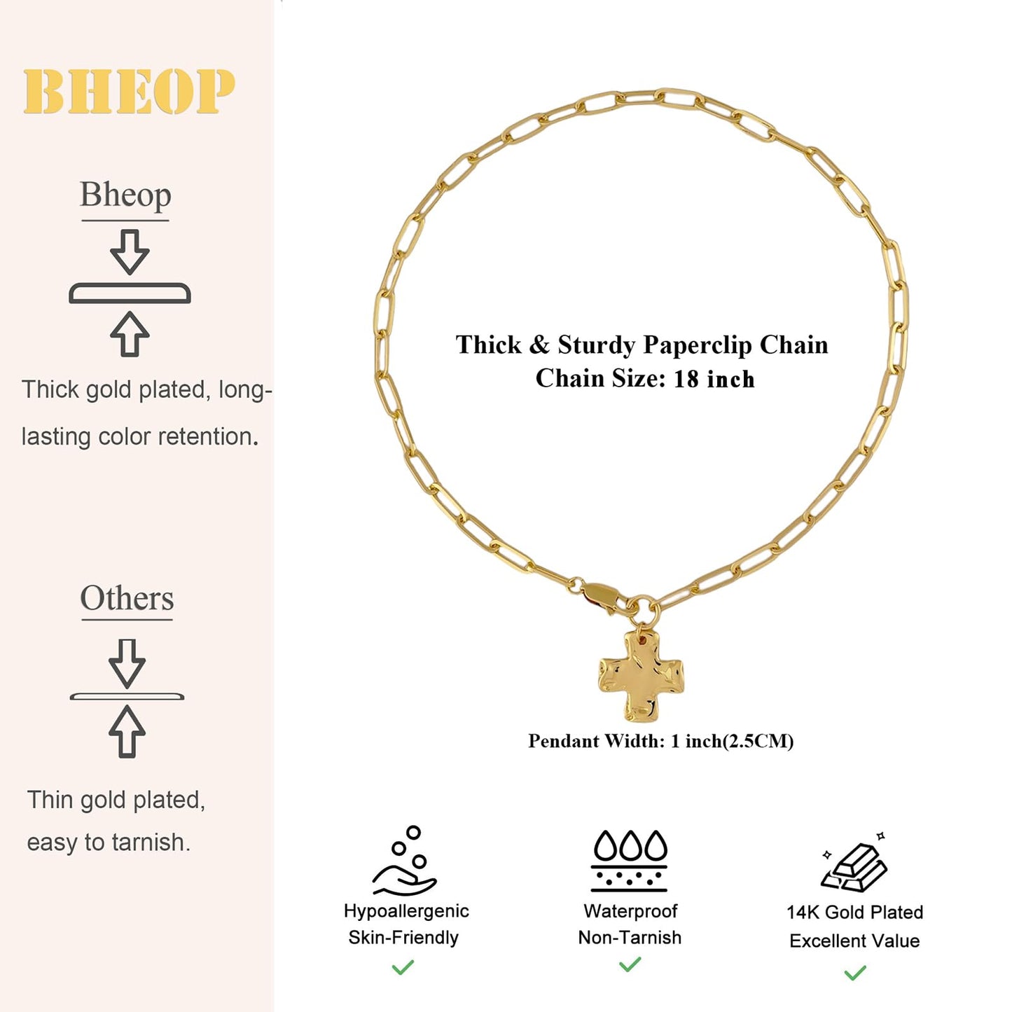 Bheop Chunky Cross Necklace for Women Trendy 14K Real Gold Plated Statement Cross Pendant Charm Necklace Long Big Paperclip Faith Chain Costume Jewelry Gift Non Tarnish 2.5CM