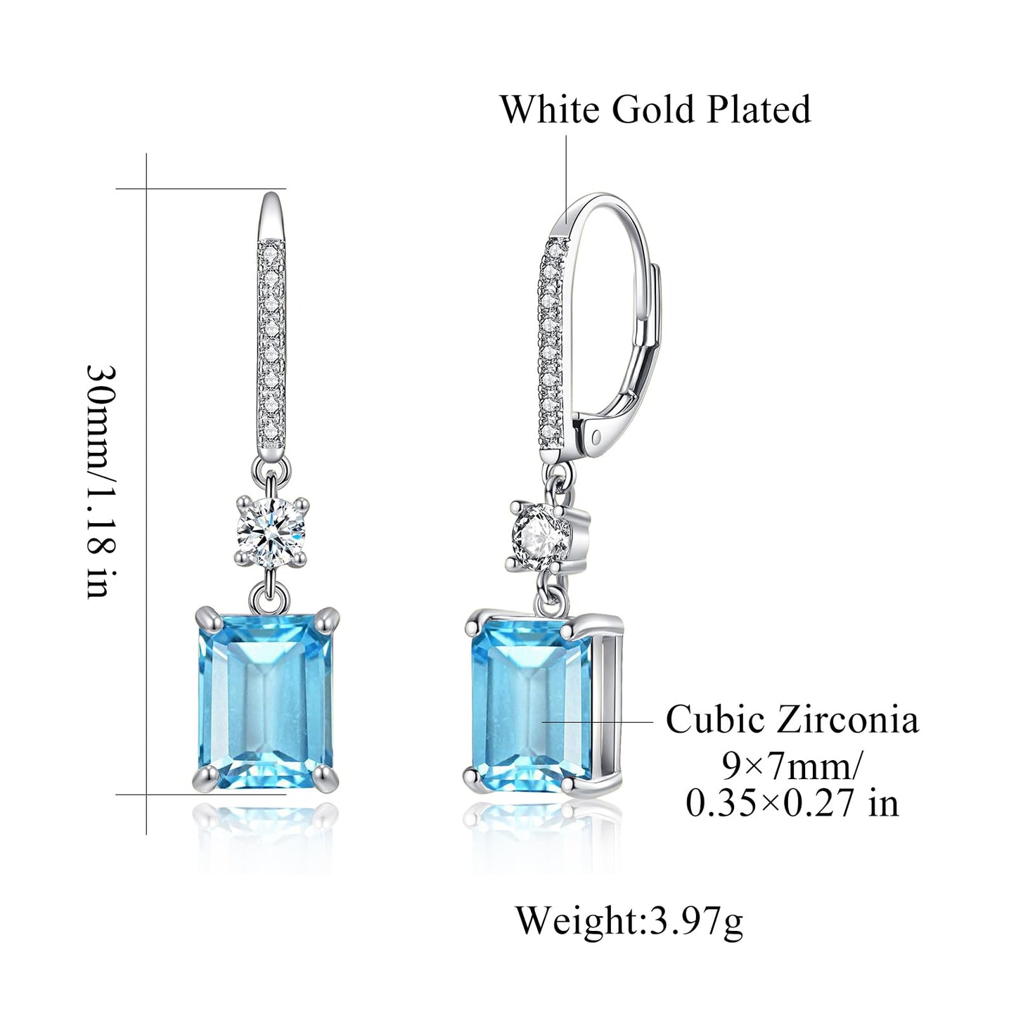 CiNily Leverback Earrings for Women Rectangular-cut Drop Dangle Earring Hypoallergenic, 14K White Gold Plated Blue Cubic Zircon Earrings Diamond Dangle Ear Rings Jewelry Birthday