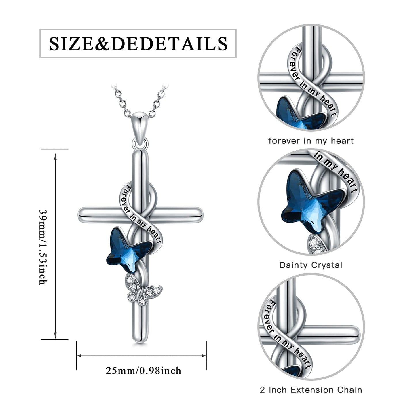 Flpruy Butterfly Cross Necklace 925 Sterling Silver for Women Forever in My Heart Crystal Butterfly Cross Necklace