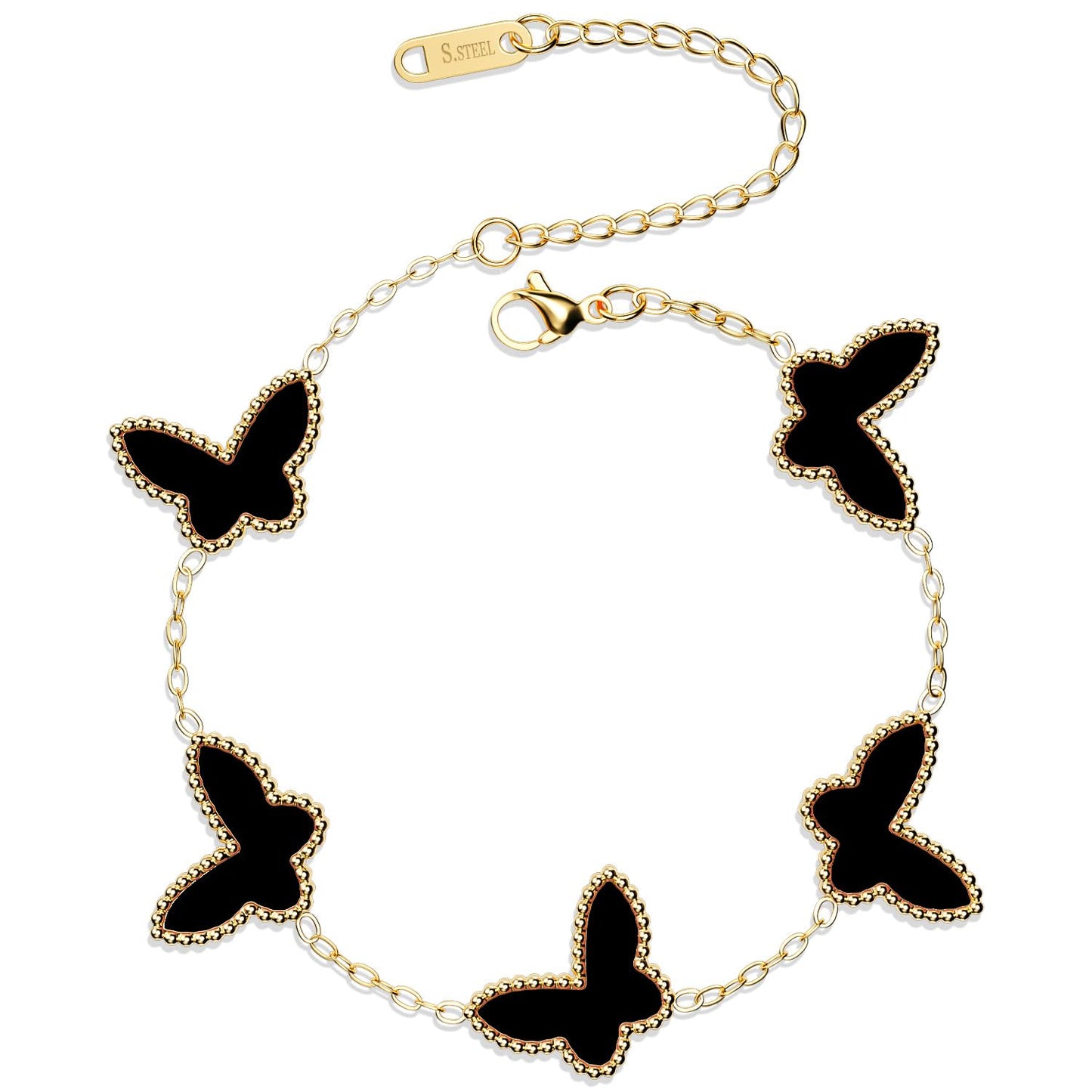 AICase 18K Gold Plated Clover Bracelet Dupes Black Bracelet Set for Women Butterfly Flower Leaf Lucky Clover Bracelets Trendy Jewelry Birthday Gifts for Women/MoM/Friends_Black